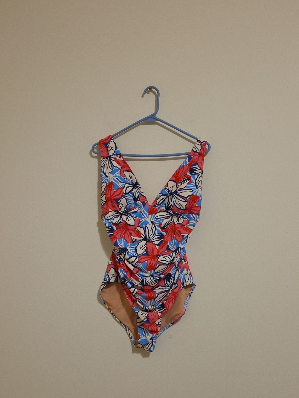 J. Crew RUCHED PLUNGING Floral  One-Piece in Coral, Blue & Cream SIZE L NEW - Picture 4 of 15